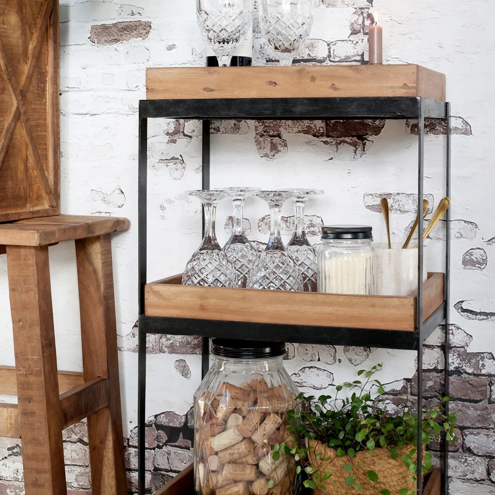 Etajeră pe roți din lemn reciclat și metal, natur și negru, cu 3 rafturi tip tavă, 72 x 39 x 28 cm, „Grimaud”