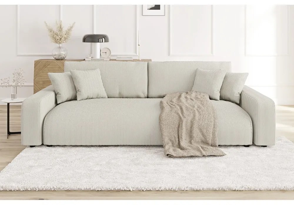 Canapea crem extensibilă, cu spațiu de depozitare, cu tapițerie din catifea reiată 234 cm Sara – Ropez