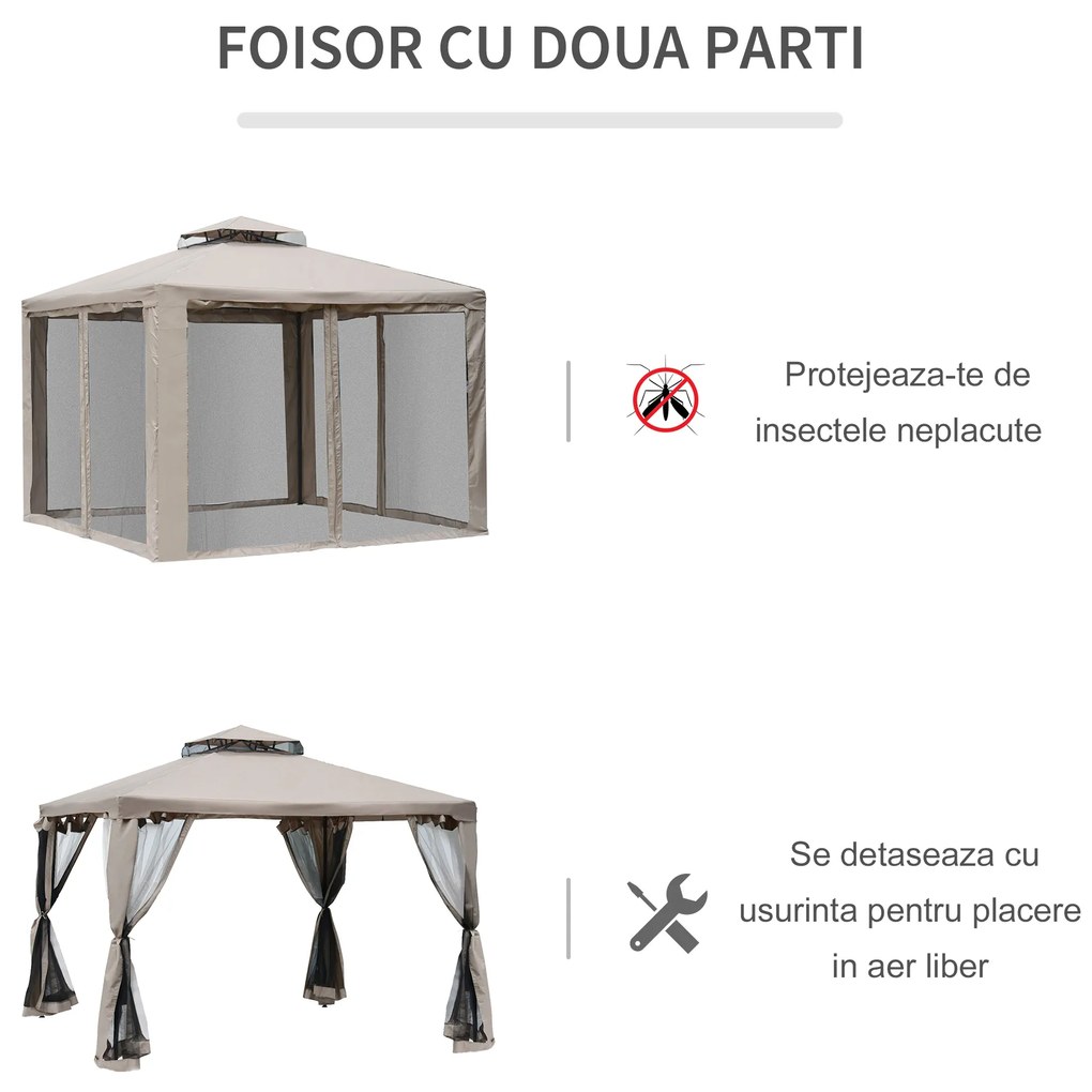 Pavilion Outsunny cu Plasă Anti-Țânțari, Structură din Metal și Poliester, Ideal pentru Grădină, 294x294cm | Aosom Romania