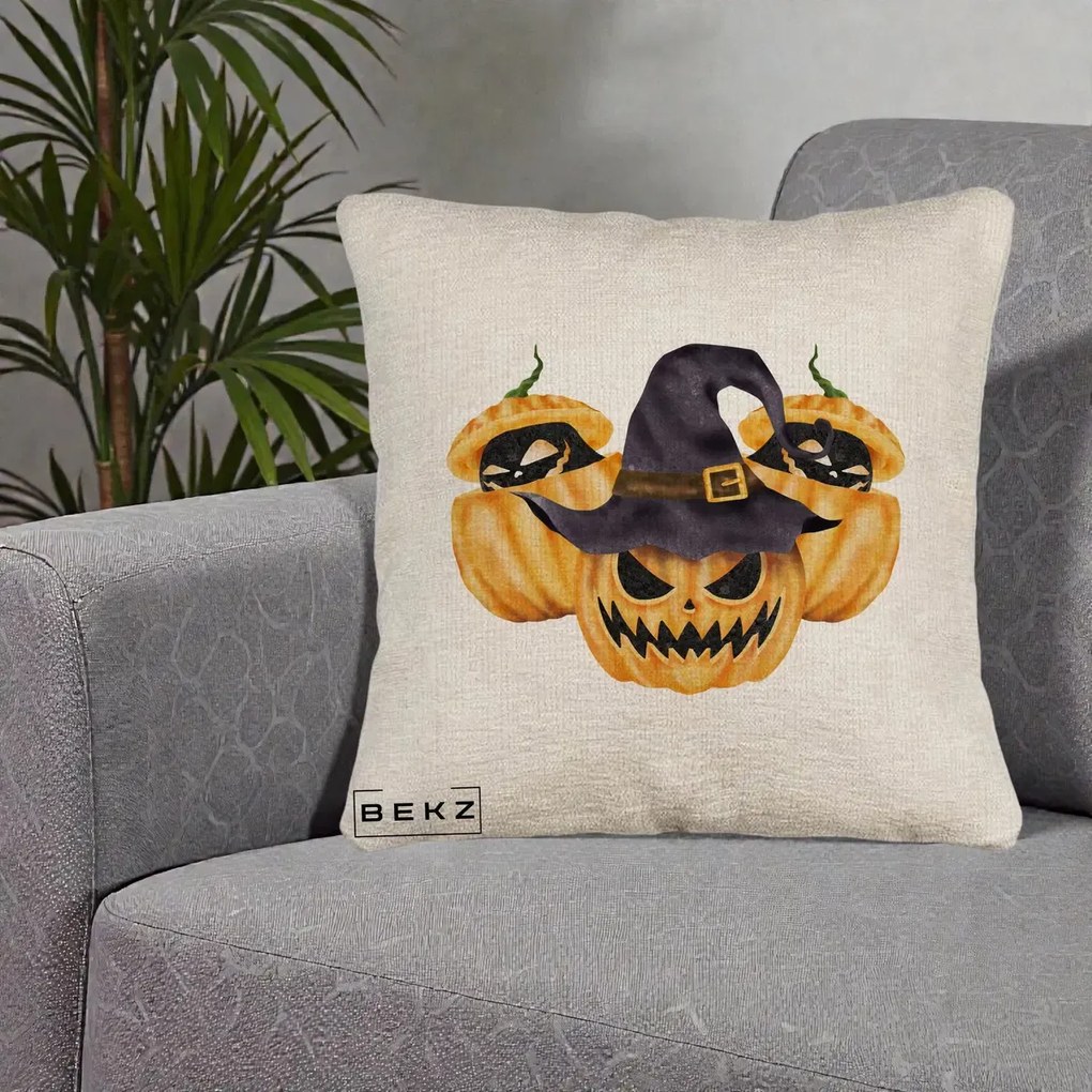 Perna Decorativa Trio Dovleci Jack-o-Lantern cu Palarie Vrajitoare, 40x40 cm, Bej Canapea, Husa Detasabila, Perna Inclusa, BEKZ®