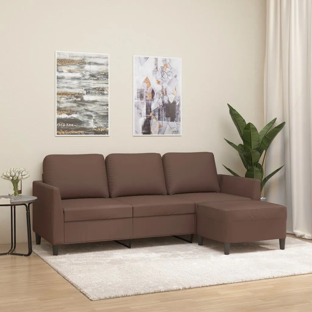 3153499 vidaXL Canapea cu 3 locuri și taburet, maro, 180 cm, piele ecologică