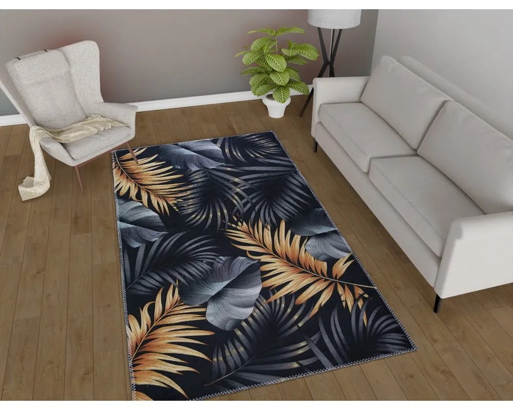 Covor albastru închis/auriu lavabil 80x150 cm Midnight Leaves – Vitaus