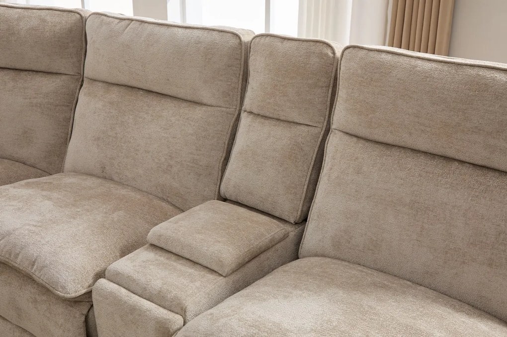 Coltar dumonde cu 3 reclinere electrice, incarcare USB, USB-C, tava, lumini de citit, suport pahare, textil, Vireon 317x347cm