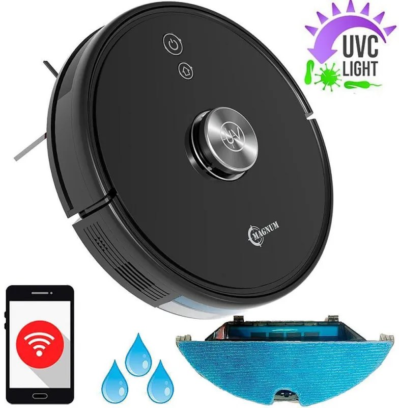 Robot aspirator cu lampa de sterilizare UVC MAGNUM UV+, Li-ion 5200 mAh, 50W, 3000 Pa, 3 trepte, Wi-Fi, Autonomie de pana la 280 min, Pana la 250 m², Negru
