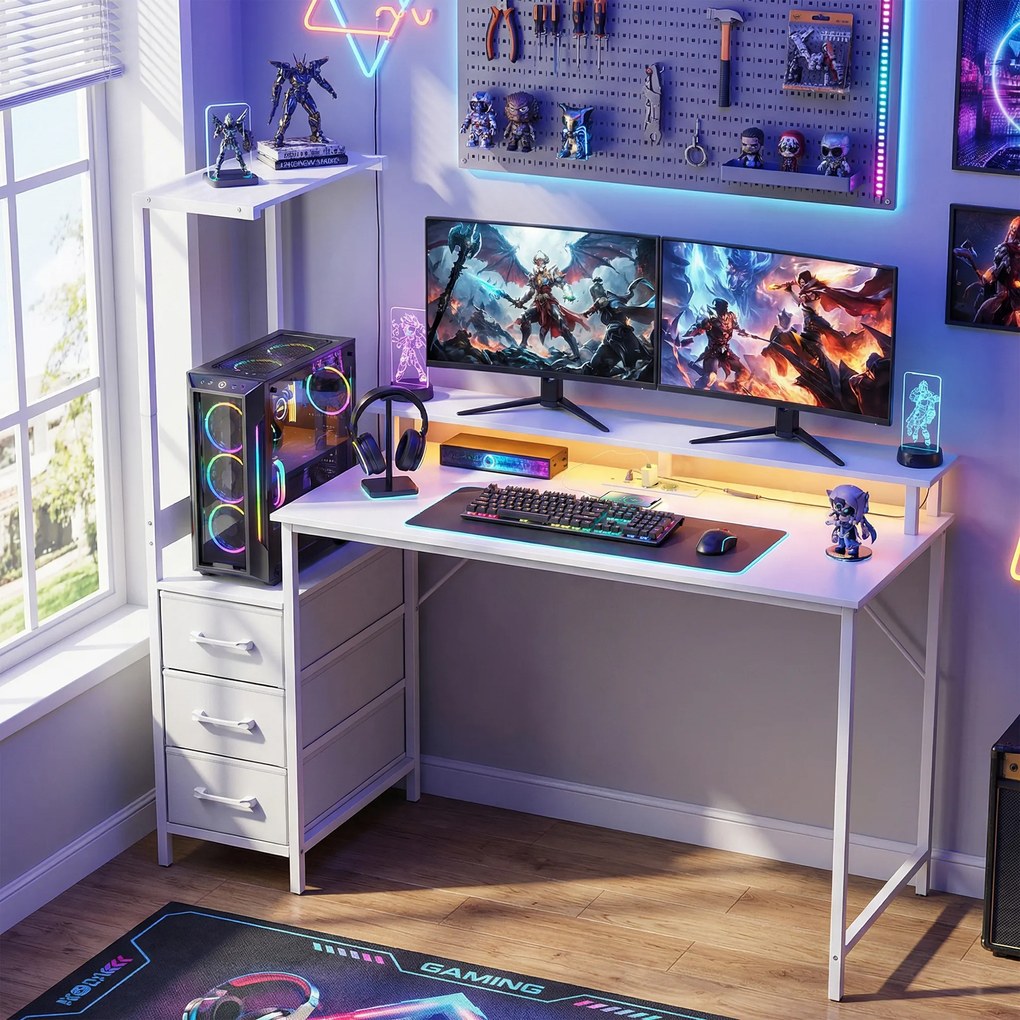 HOMCOM Birou Gaming cu Suport CPU Reglabil Reversibil și LED, 147x47 cm, Stație de Încărcare, Suport Monitor, 3 Sertare din Material Textil, pentru Acasă, Birou sau Studio, Alb | Aosom Romania