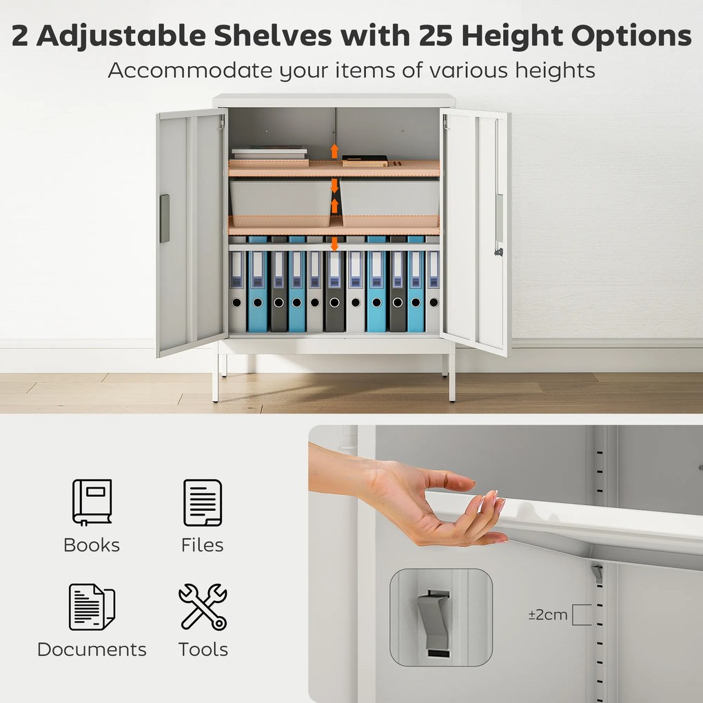 HOMCOM Dulap de Birou din Oțel cu 2 Rafturi Reglabile cu Sistem de Încuiere și 2 Chei, 80x40x100 cm, Alb | Aosom Romania