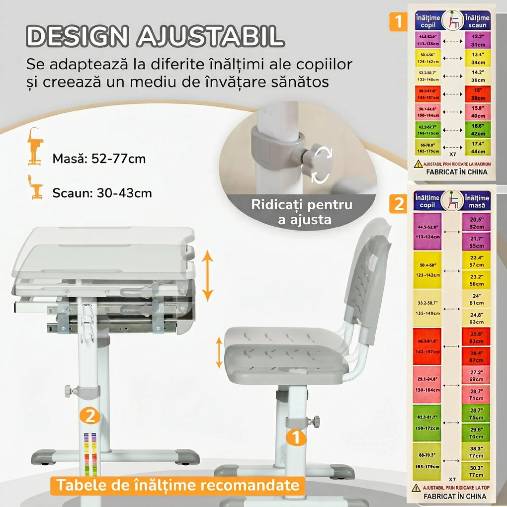 HOMCOM Set Masă și Scaun pentru Copii 6-12 ani, Reglabil pe Înălțime, cu Blat Înclinabil la 45°, 66x47x52-77 cm, Gri | Aosom Romania
