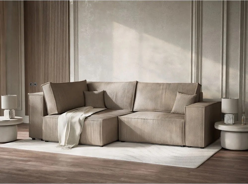 Colțar bej extensibil/cu spațiu de depozitare cu tapițerie din catifea reiată (cu colț pe partea stângă/în formă de ”L”) Tonga – Maison de Rêve