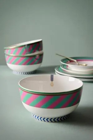 Bol din porțelan, Pip Studio, Stripes Pink-Green, 20.5cm, colecția Pip Chique