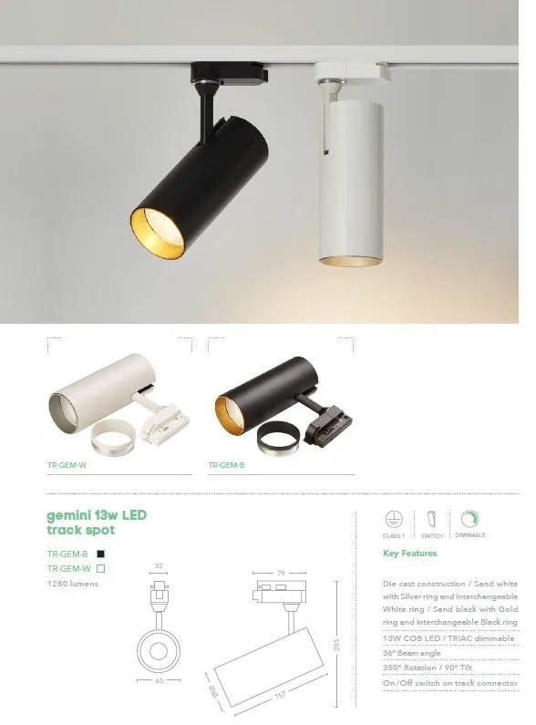 Spot LED directionabil pentru sina Track Project Collection, Gemini alb