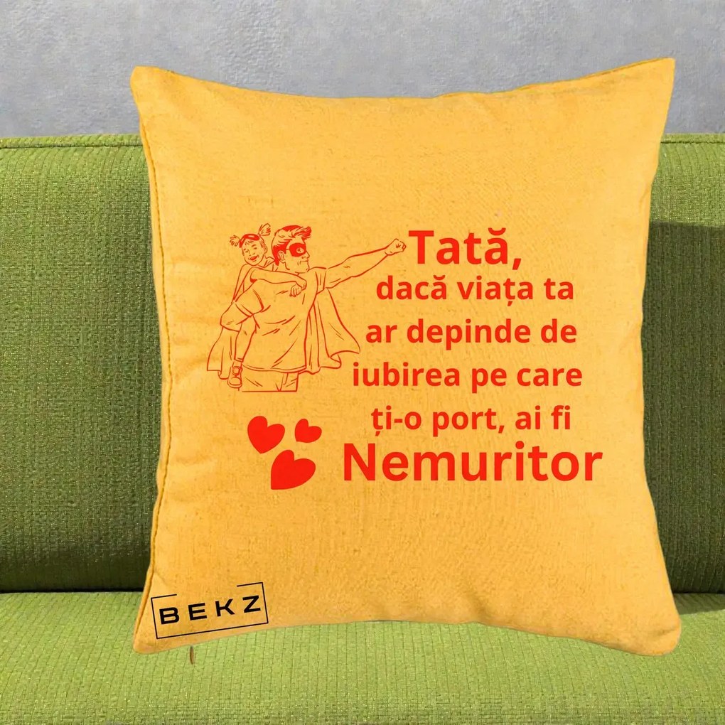 Cadou pentru Tata - Perna Personalizata Tata Nemuritor cu Fetita, 40x40 cm, Galben, Husa Detasabila, Perna Inclusa, BEKZ®