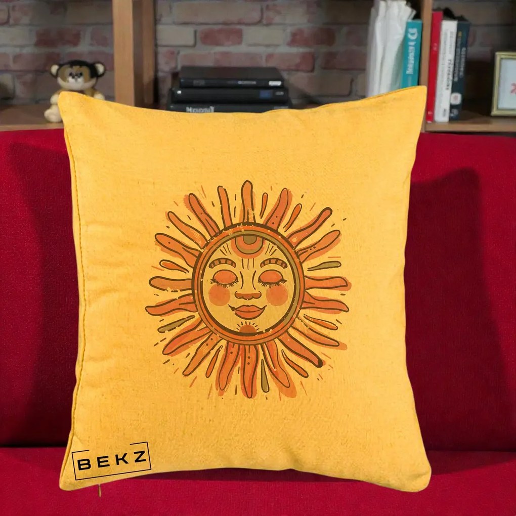 Perna Decorativa Soare Roz Tribal, 40x40 cm, Galben, Husa Detasabila, Perna Inclusa, BEKZ®