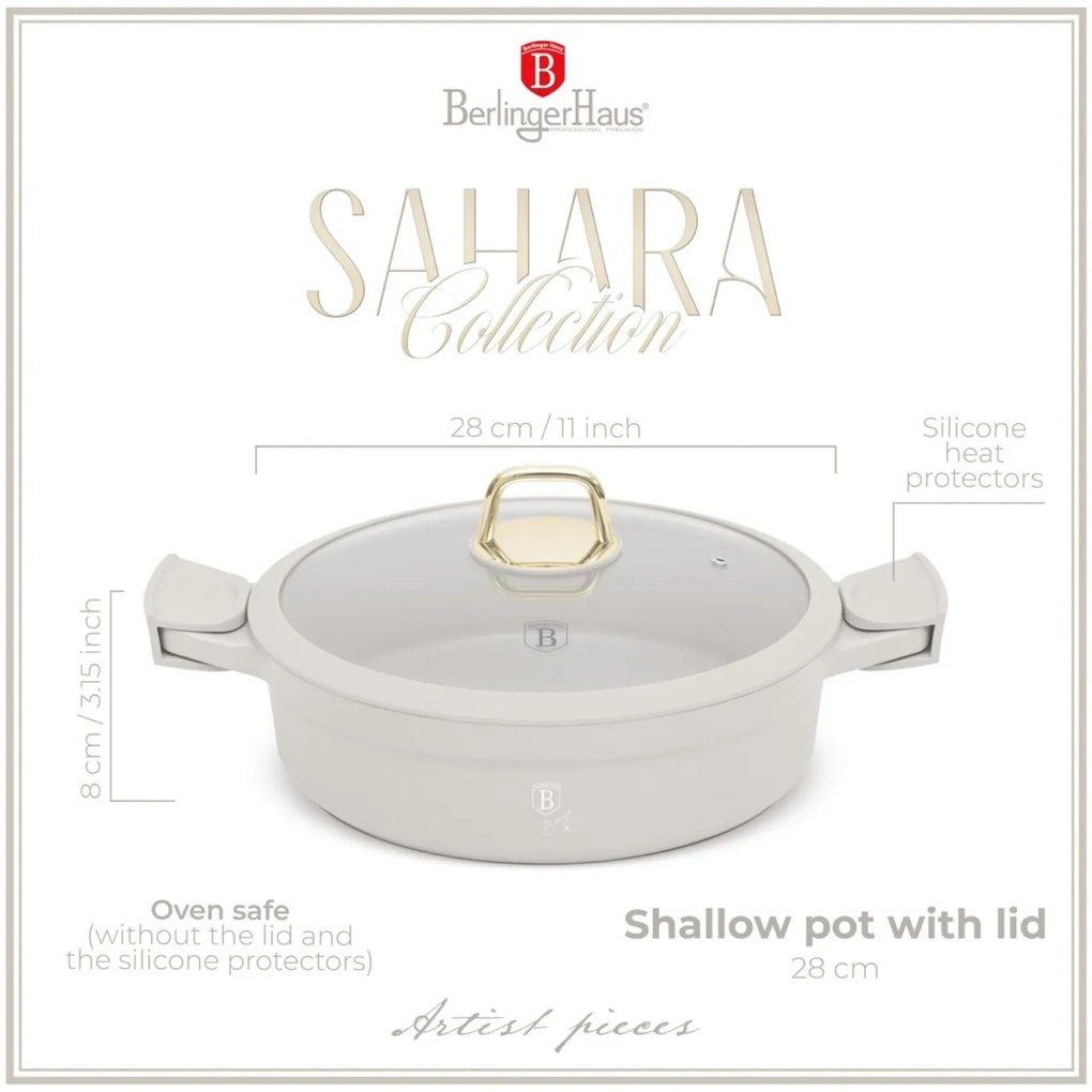 Cratiță cu capac 28 cm, 4.2L – Berlinger Haus Sahara Collection BH 7785, crem, antiaderentă, cu mânere de silicon detașabile