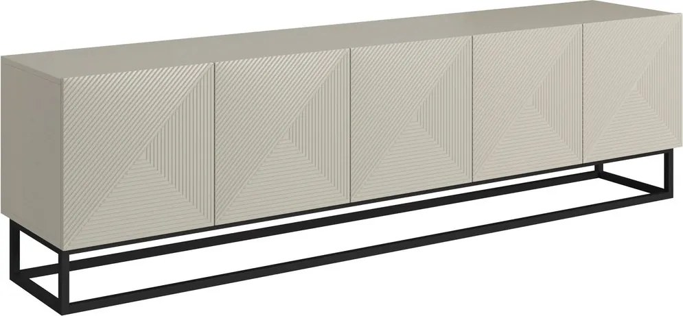 Comodă TV Asha 200 cm cu partea frontală striat și cadru metalic negru – bej cashmere