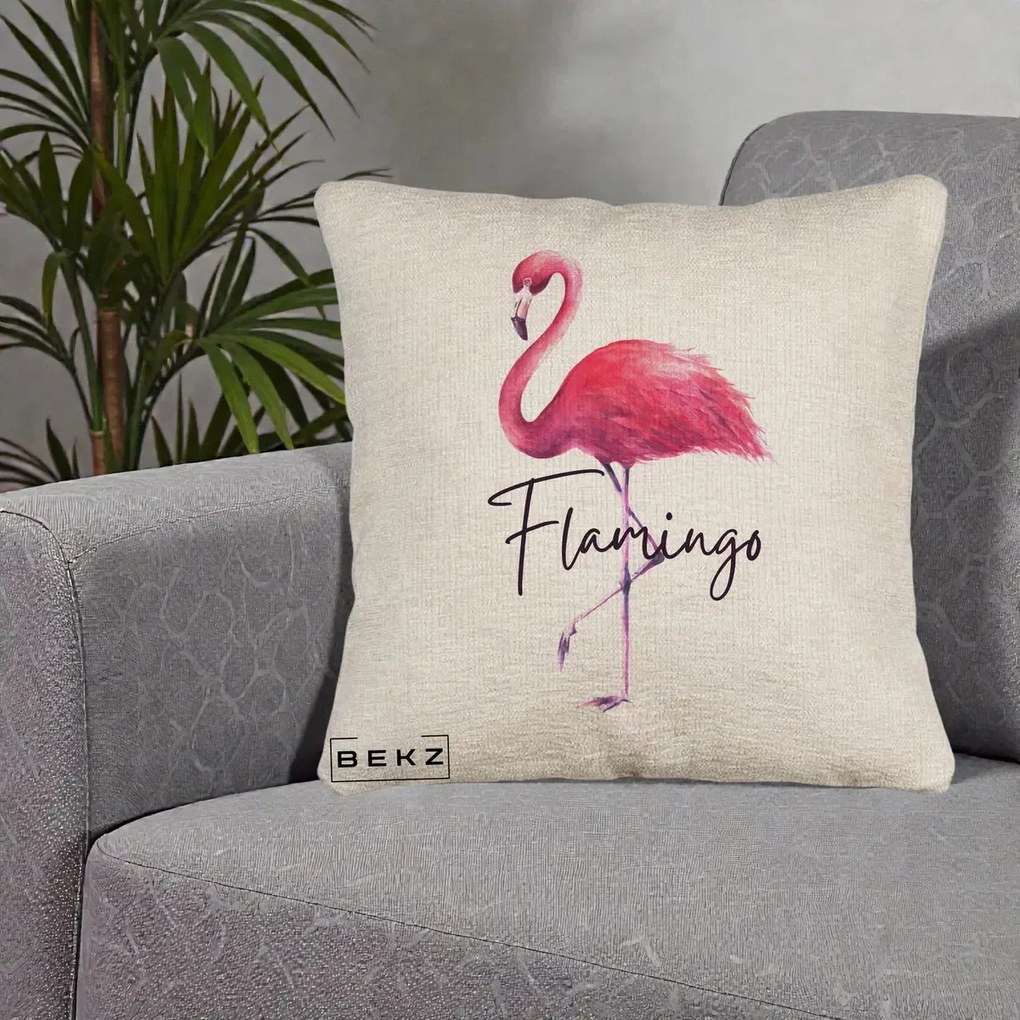 Perna Decorativa Flamingo Acuarela, 40x40 cm, Bej Canapea, Husa Detasabila, Perna Inclusa, BEKZ®