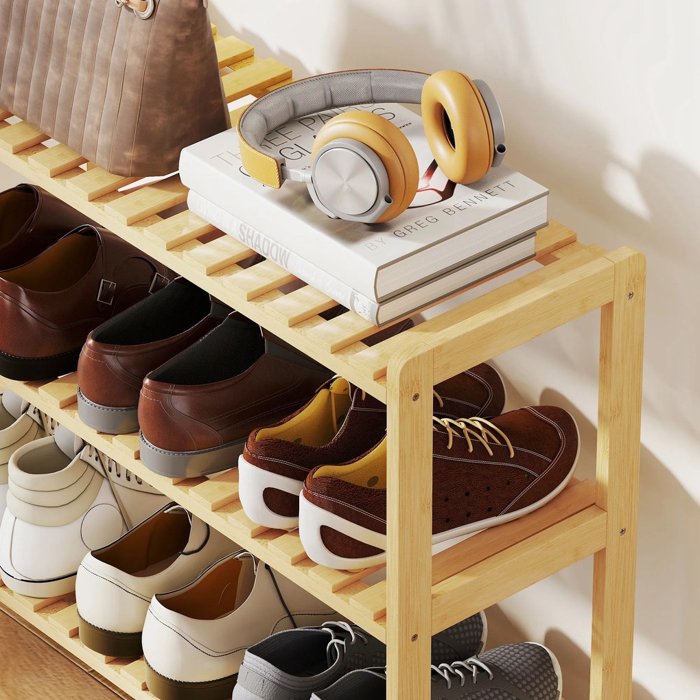 HOMCOM Etajeră din bambus cu 3 niveluri pentru pantofi pentru 9 perechi pentru antreu hol 70x26x57,5 cm natural | Aosom Romania