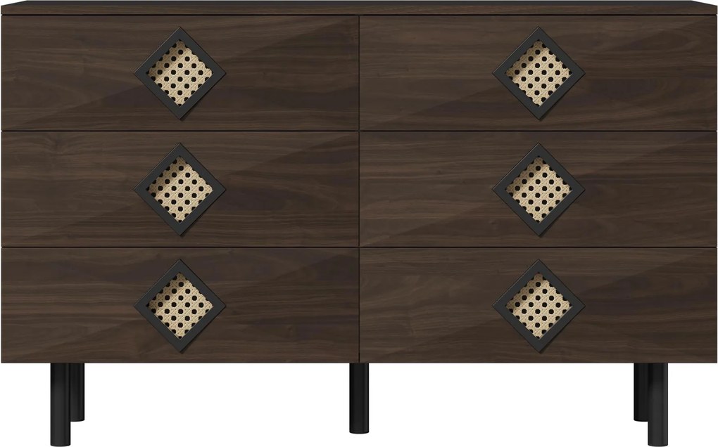 Masă de machiaj cu 6 sertare, mânere din ratan, spațiu mare de depozitare, pentru dormitor și living, 120x40x74,5 cm, Culoare naturală