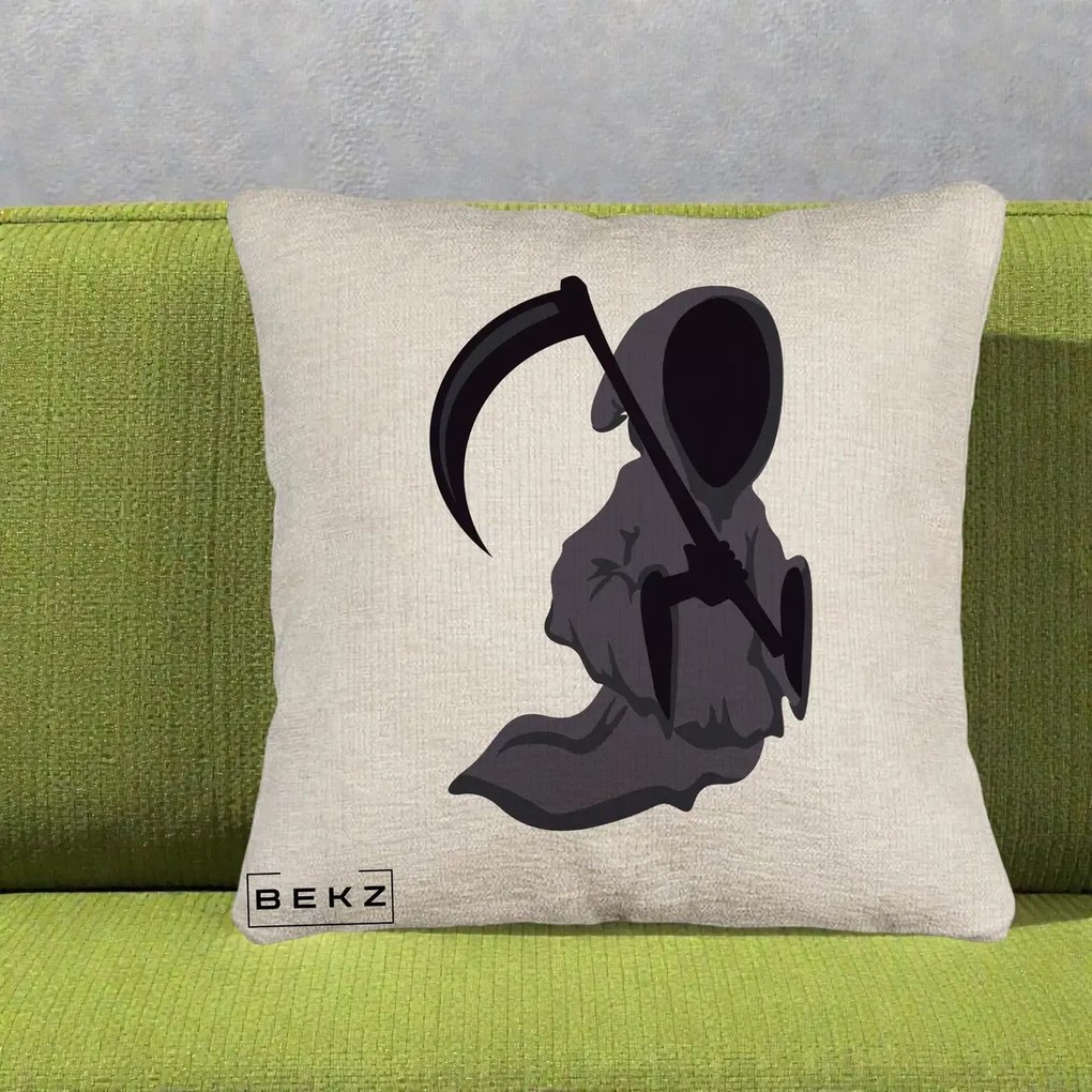 Perna Decorativa Moartea cu Coasa Grim Reaper Halloween, 40x40 cm, Bej Canapea, Husa Detasabila, Perna Inclusa, BEKZ®