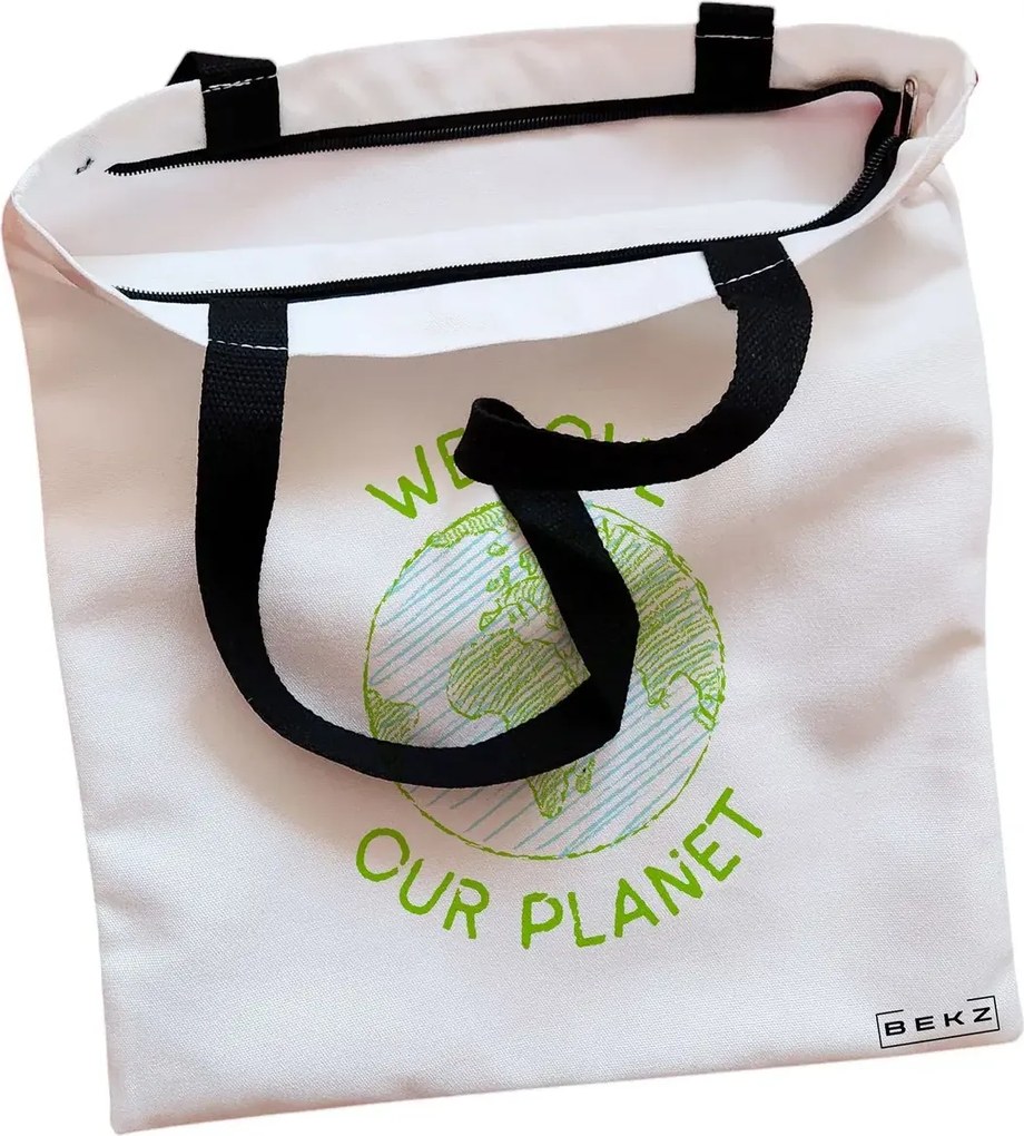 Sacosa de Panza pentru Cumparaturi, Geanta Tote, model We Love Our Planet, Cu fermoar, 38x34.5 cm, Alba, BEKZ®