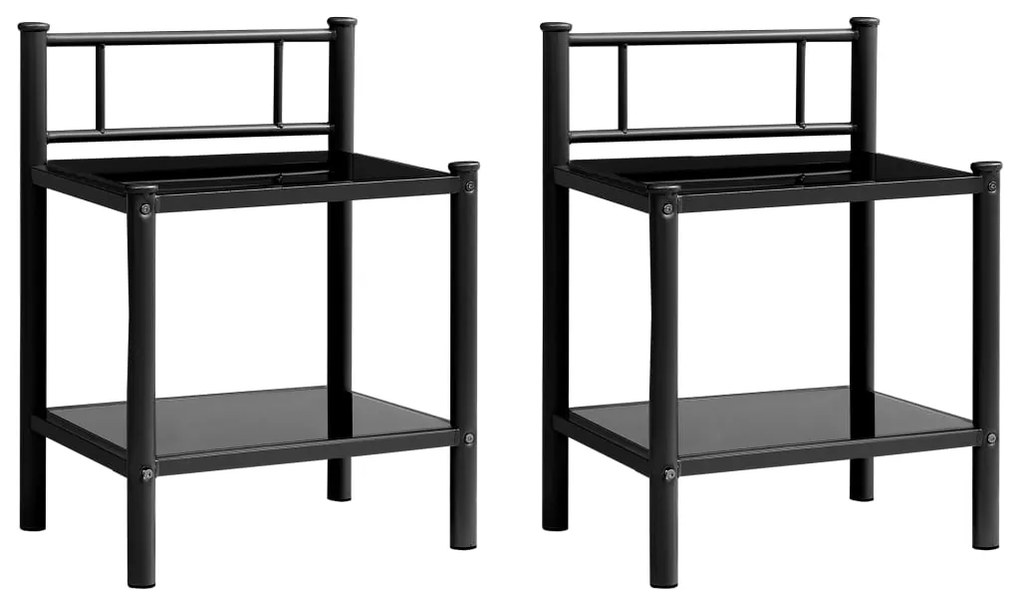 325092 vidaXL Noptiere, 2 buc., negru, metal și sticlă