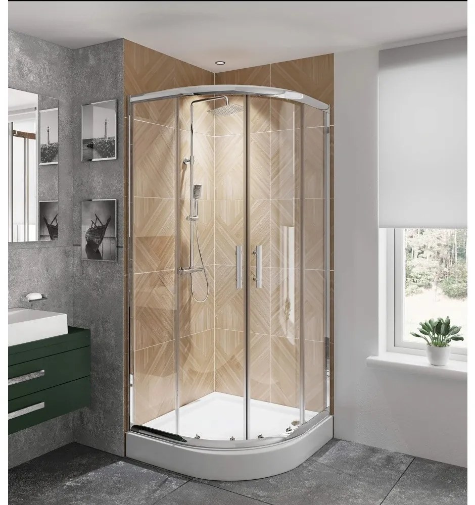 Cabina de dus semirotunda Deante Jasmin Plus cu usi culisante 90x90cm finisaj crom