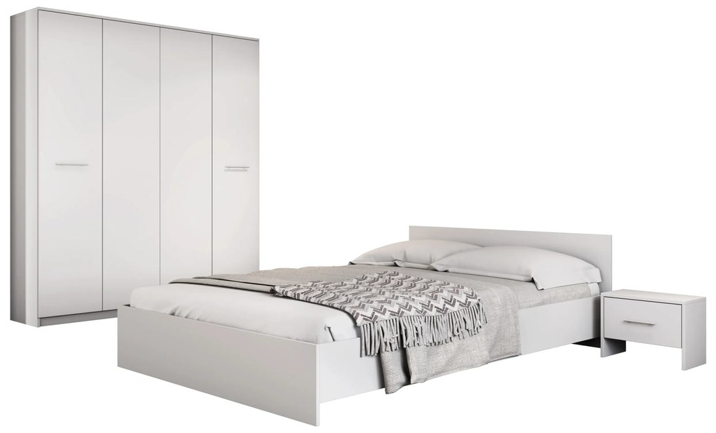 Dormitor Luiza 4U4P, culoare alb, cu pat standard 160 x 200 cm, dulap cu 4 usi si 2 noptiere