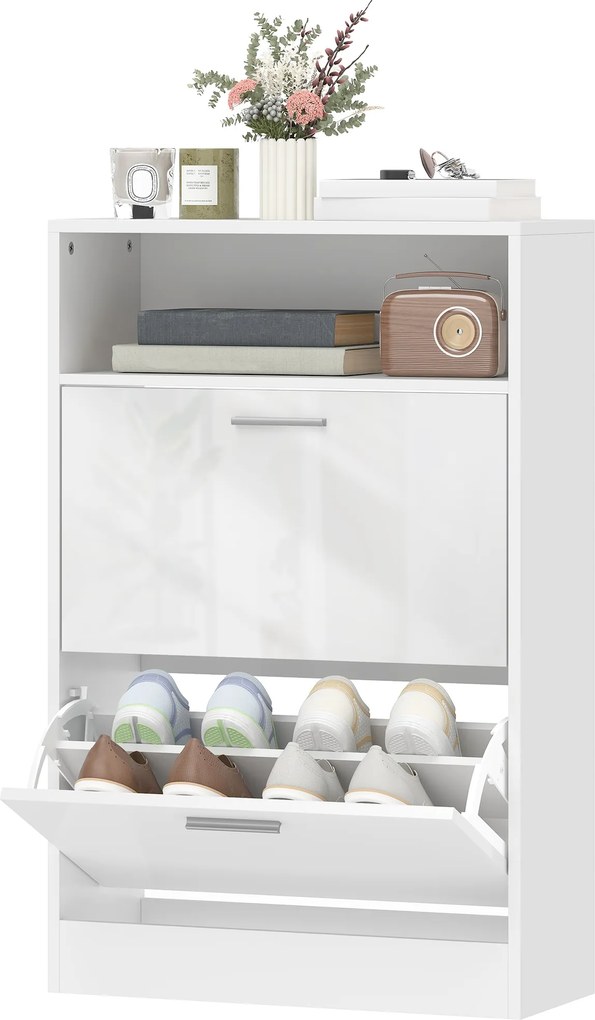 HOMCOM Dulap pentru încălțăminte 8 perechi, dulap, 2 sertare rabatabile, rafturi reglabile și compartiment, alb | Aosom Romania
