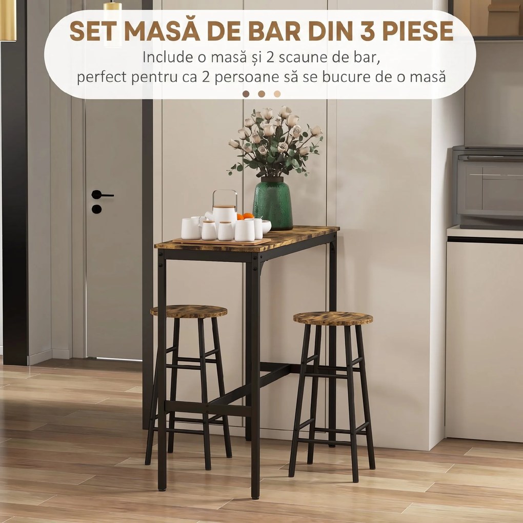 HOMCOM Set Masă Înaltă și 2 Taburete de Bar cu Suport pentru Picioare, Stil Industrial, Negru și Maro | Aosom Romania