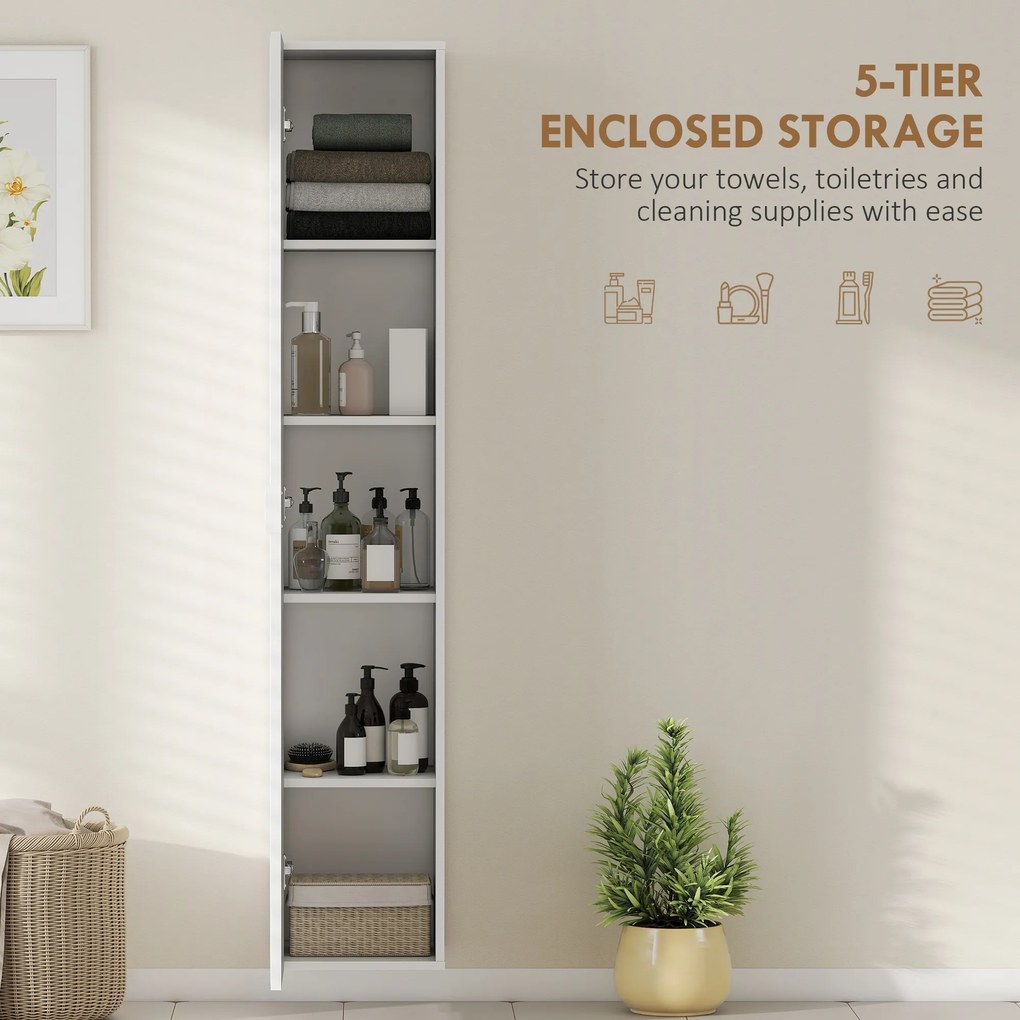 HOMCOM Dulap de Baie Suspendat, Colona de Baie cu 5 Niveluri și Rafturi Reglabile, Închidere Amortizată Soft Close, Dulap Salvaspațiu Modern, 30x31.5x160 cm, Alb | Aosom Romania