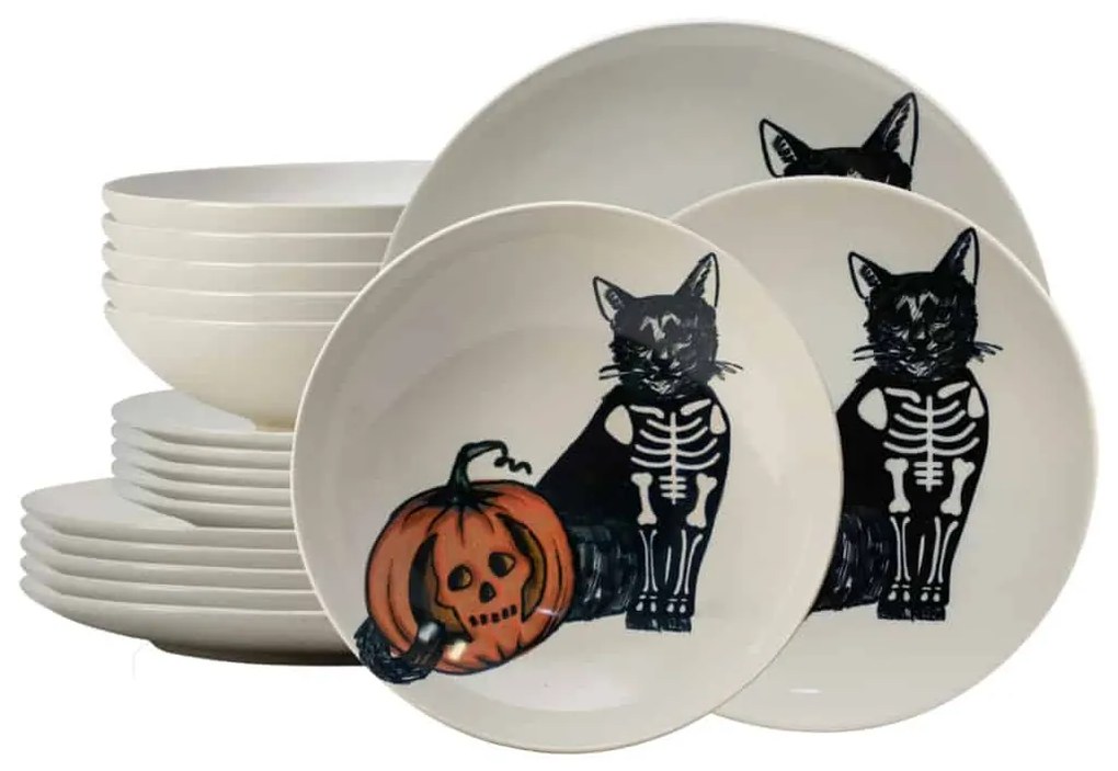 Set Complet Serviciu De Masa, Skeleton Kitty, 18 piese, Ivoire cu Pisica