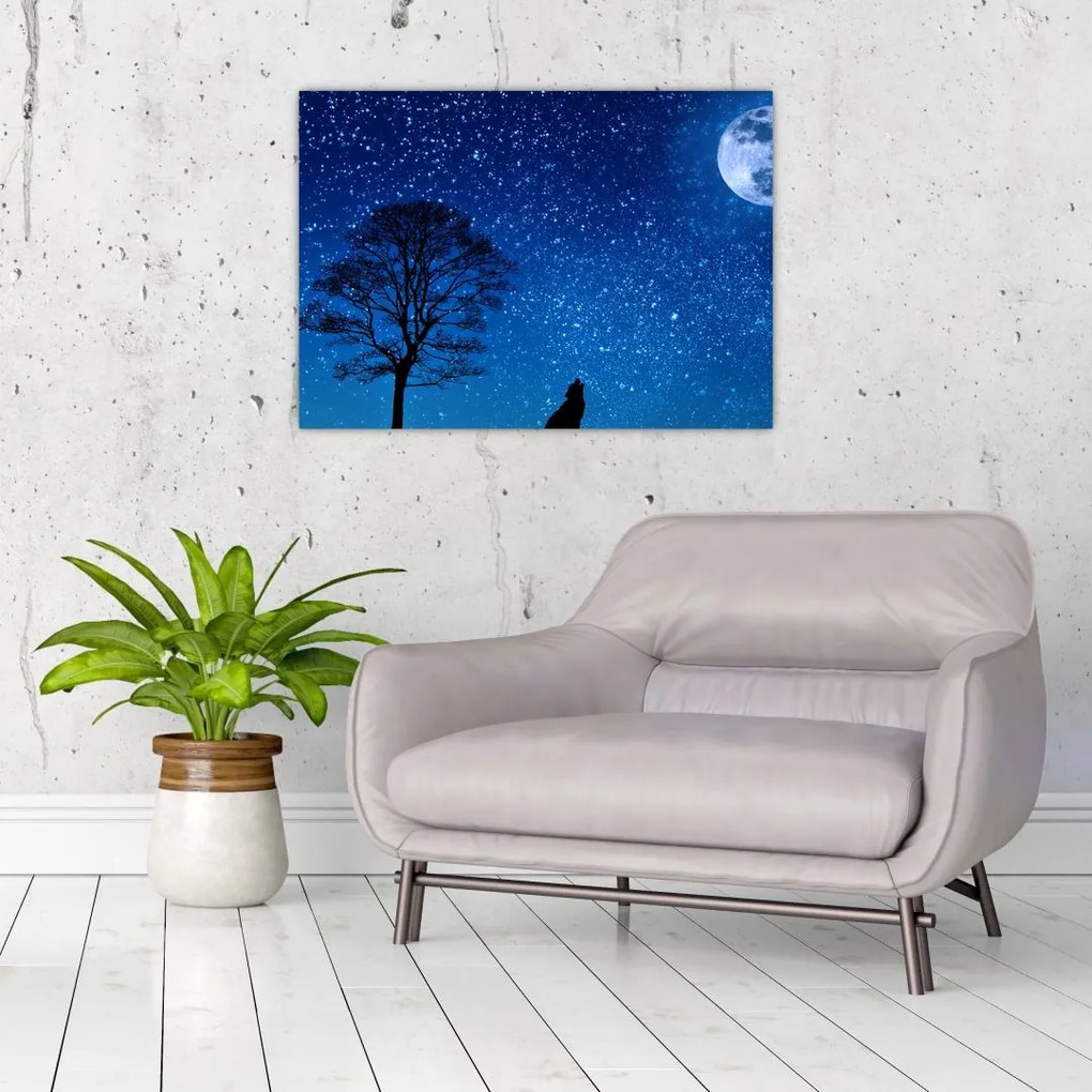 Tablou pe sticlă - Lupul urlând la lună (70x50 cm)