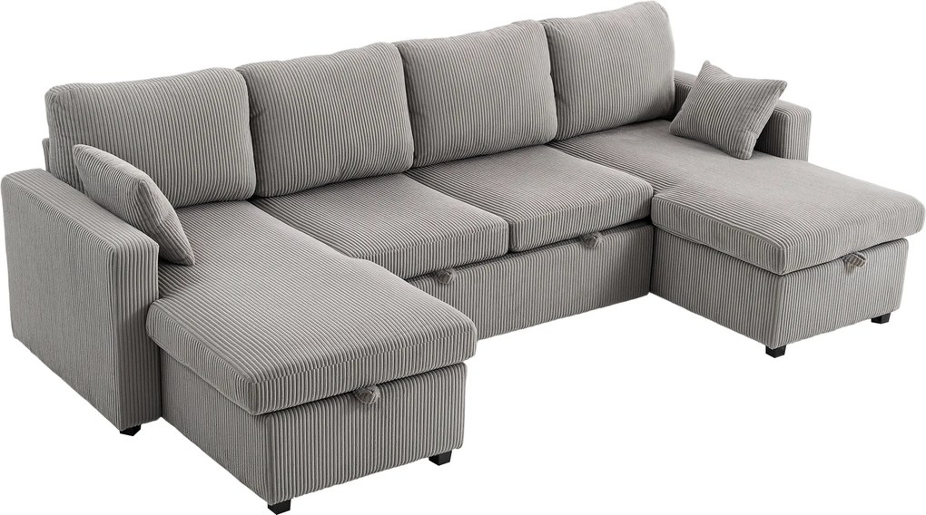 HOMCOM Canapea Extensibilă Modernă în Formă de U și Spații de Depozitare, Catifea Reiată, 282x140x86 cm, Gri | Aosom Romania