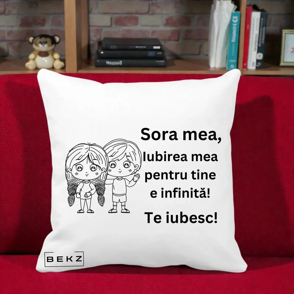 Cadou pentru Sora - Perna Personalizata Sora Mea Te Iubesc Copii Anime Line Art, 40x40 cm, Alba Mata, Husa Detasabila, Perna Inclusa, BEKZ®