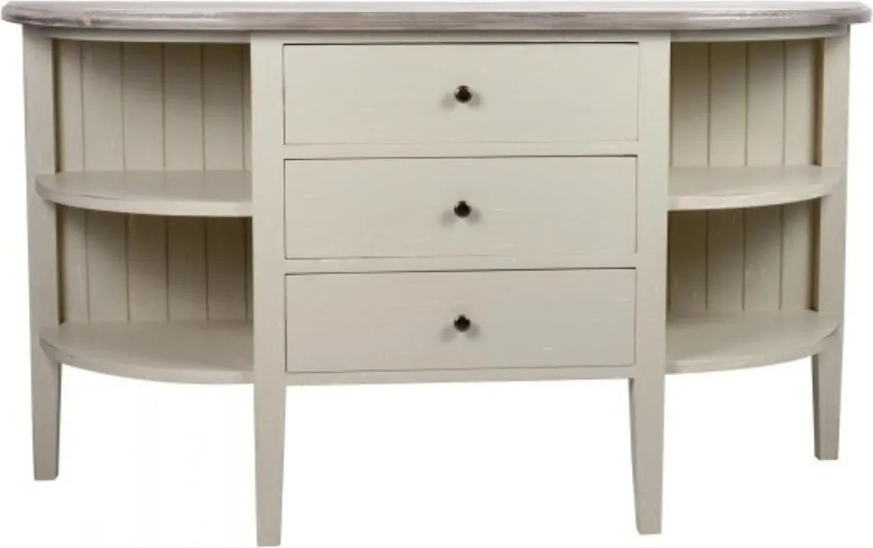Consolă hol vintage din lemn de pin, alb, cu blat natur, 3 sertare și rafturi laterale rotunjite, 78 x 130 x 35 cm, „Lyon”