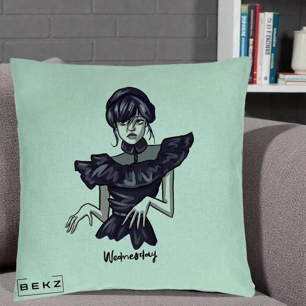 Perna Personalizata Wednesday Addams Dans Gotic, 40x40 cm, Verde Menta, Husa Detasabila, Perna Inclusa, BEKZ®