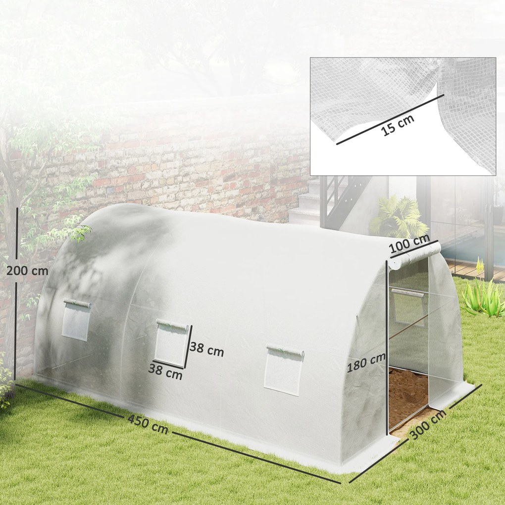 Outsunny Seră de grădină tunel 13,5 m² 6 ferestre, ușă rulantă cu fermoar cadru oțel galvanizat, prelată PE 4,5 x 3 x 2 m alb | Aosom Romania
