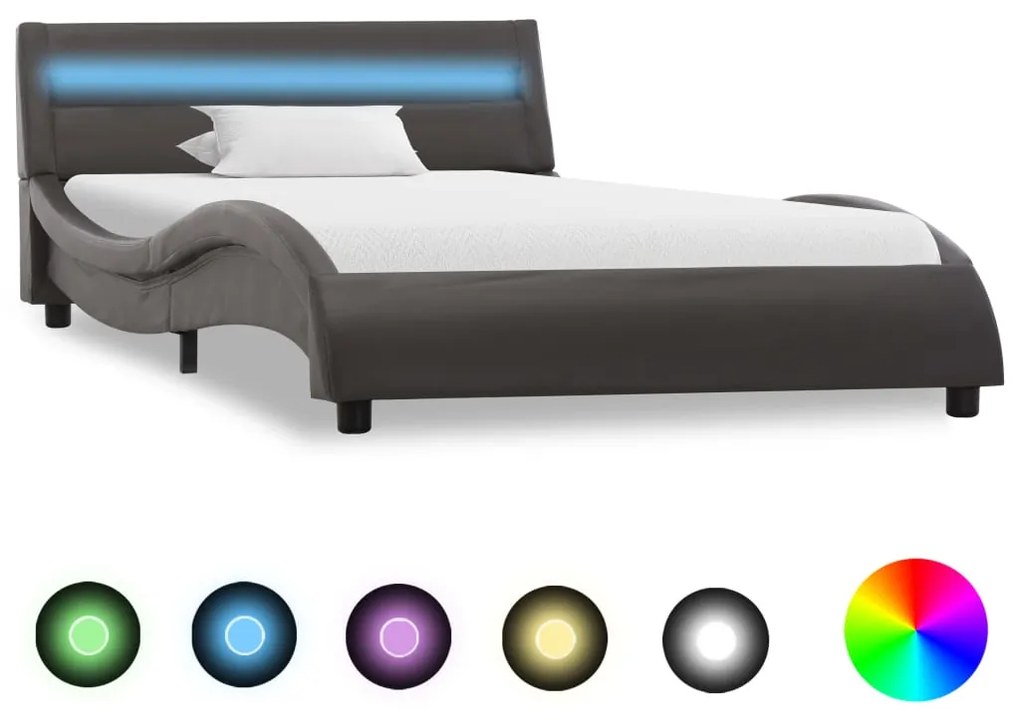 285690 vidaXL Cadru de pat cu LED, gri, 90 x 200 cm, piele ecologică