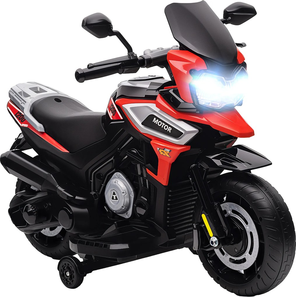 AIYAPLAY Motocicletă Electrică pentru Copii 18-36 Luni, 6V Motocicletă Electrică pentru Copii cu Roți Detașabile, Faruri, Muzică, 2.4 km/h Mini Motocicletă cu Far, Max 30kg, Roșu | Aosom Romania