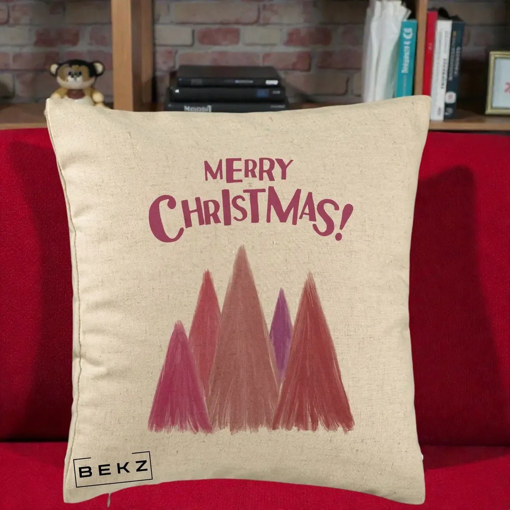 Perna Decorativa Merry Christmas Brazi Roz, 40x40 cm, Bej, Husa Detasabila, Perna Inclusa, BEKZ®