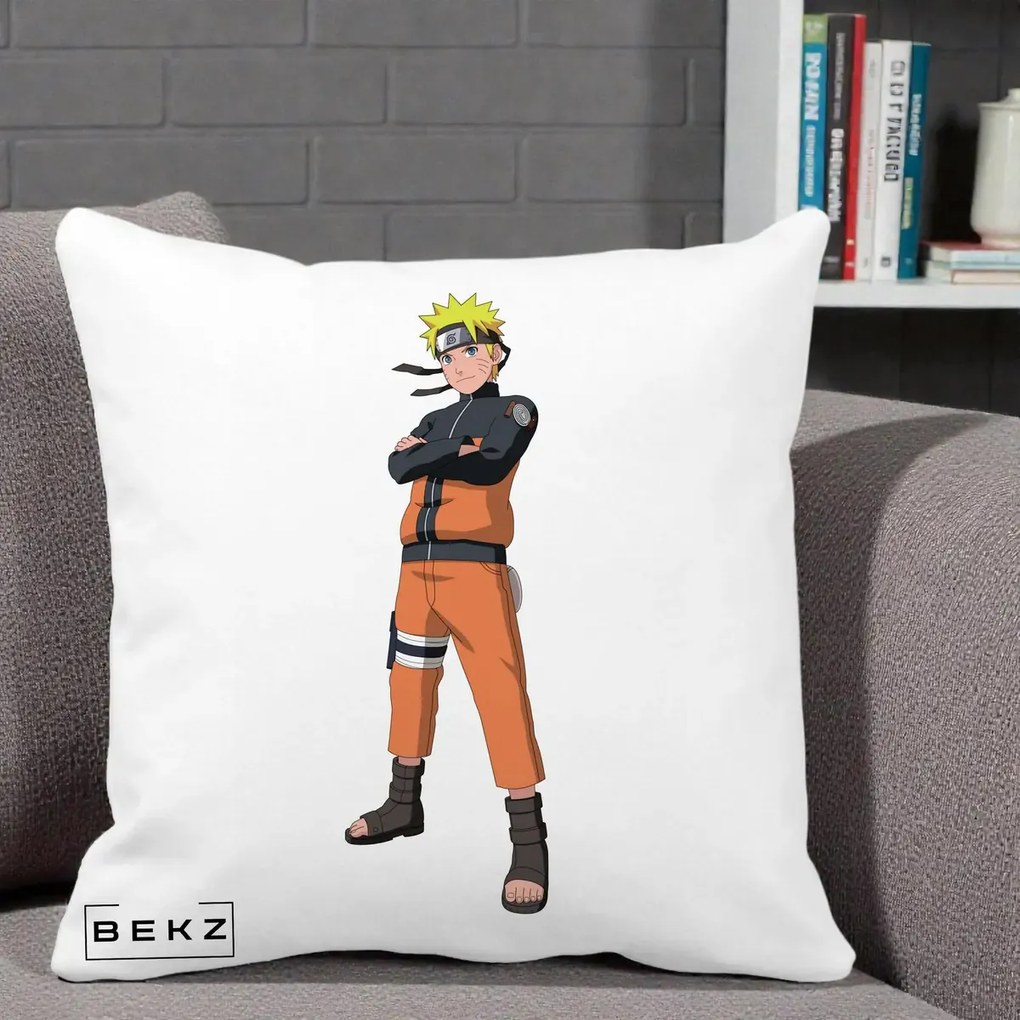 Perna Personalizata Naruto Uzumaki Portret Complet, 40x40 cm, Alba Mata, Husa Detasabila, Perna Inclusa, BEKZ®