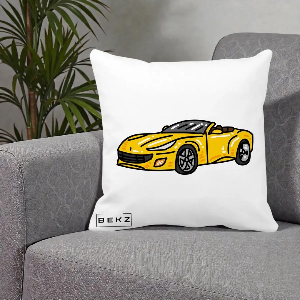 Perna Personalizata Masina Cabriolet Galbena Grafic, 40x40 cm, Alba Mata, Husa Detasabila, Perna Inclusa, BEKZ®
