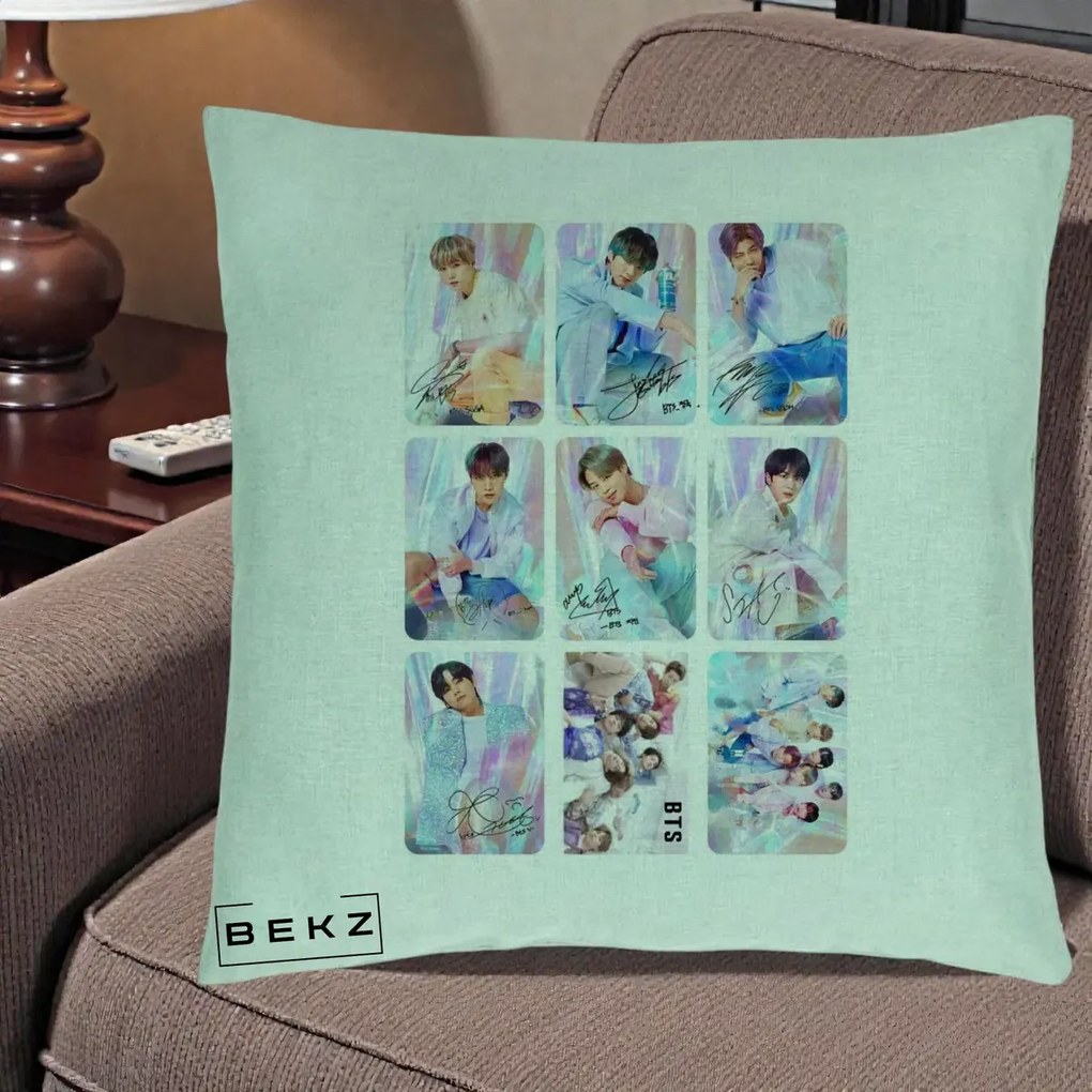 Perna Personalizata K-pop BTS Colaj 9 Fotografii Autografe Individual, 40x40 cm, Verde Menta, Husa Detasabila, Perna Inclusa, BEKZ®