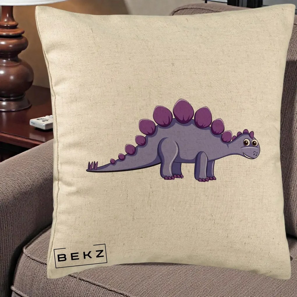 Perna Personalizata Stegozaur Mov, 40x40 cm, Bej, Husa Detasabila, Perna Inclusa, BEKZ®