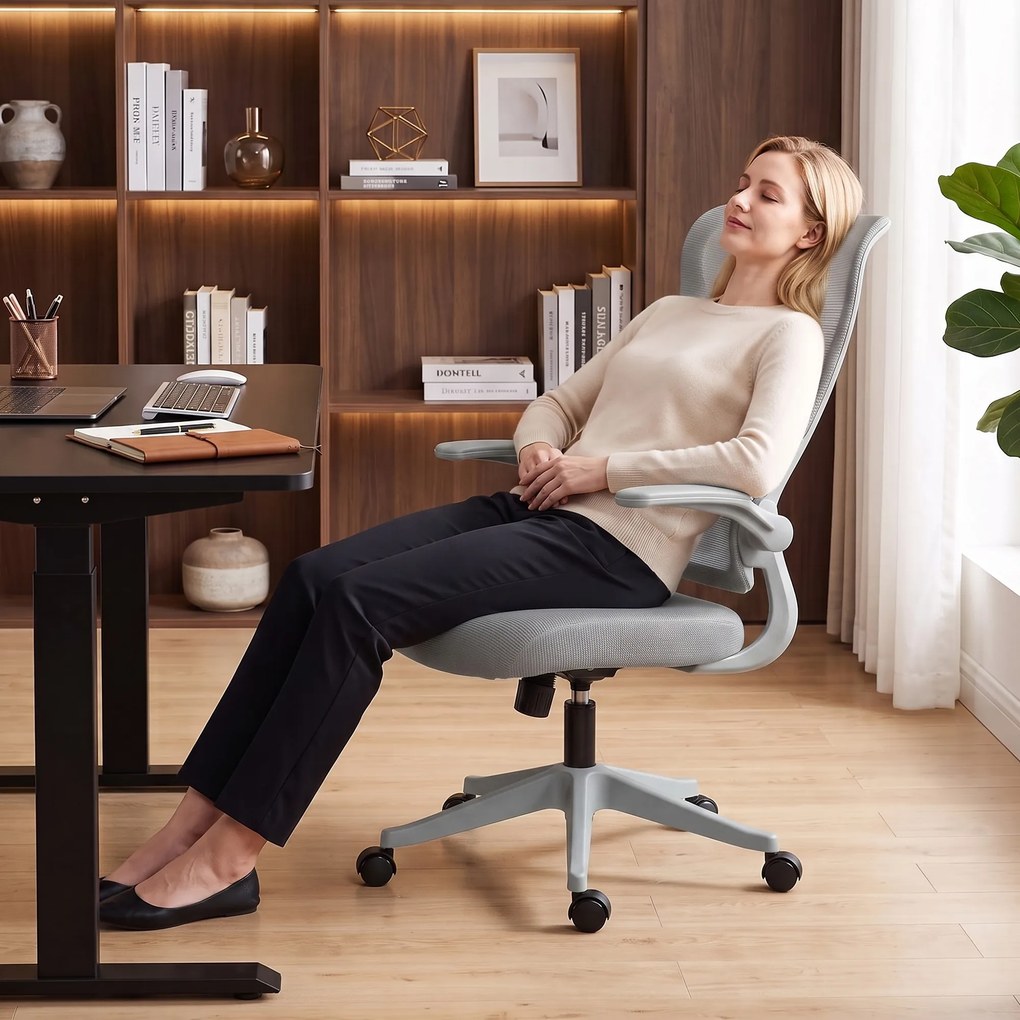 HOMCOM Scaun de birou ergonomic rotativ, cu cotiere rabatabile, funcție de balans, înălțime reglabilă, din plasă, gri | Aosom Romania