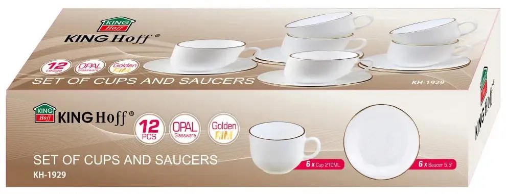 Set cesti cafea 12 piese, opal, alb cu auriu, 210 ml Kinghoff KH-1929