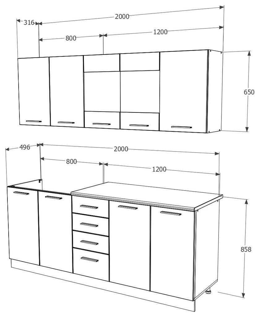 Bucatarie Riga, Alb, L 200 cm