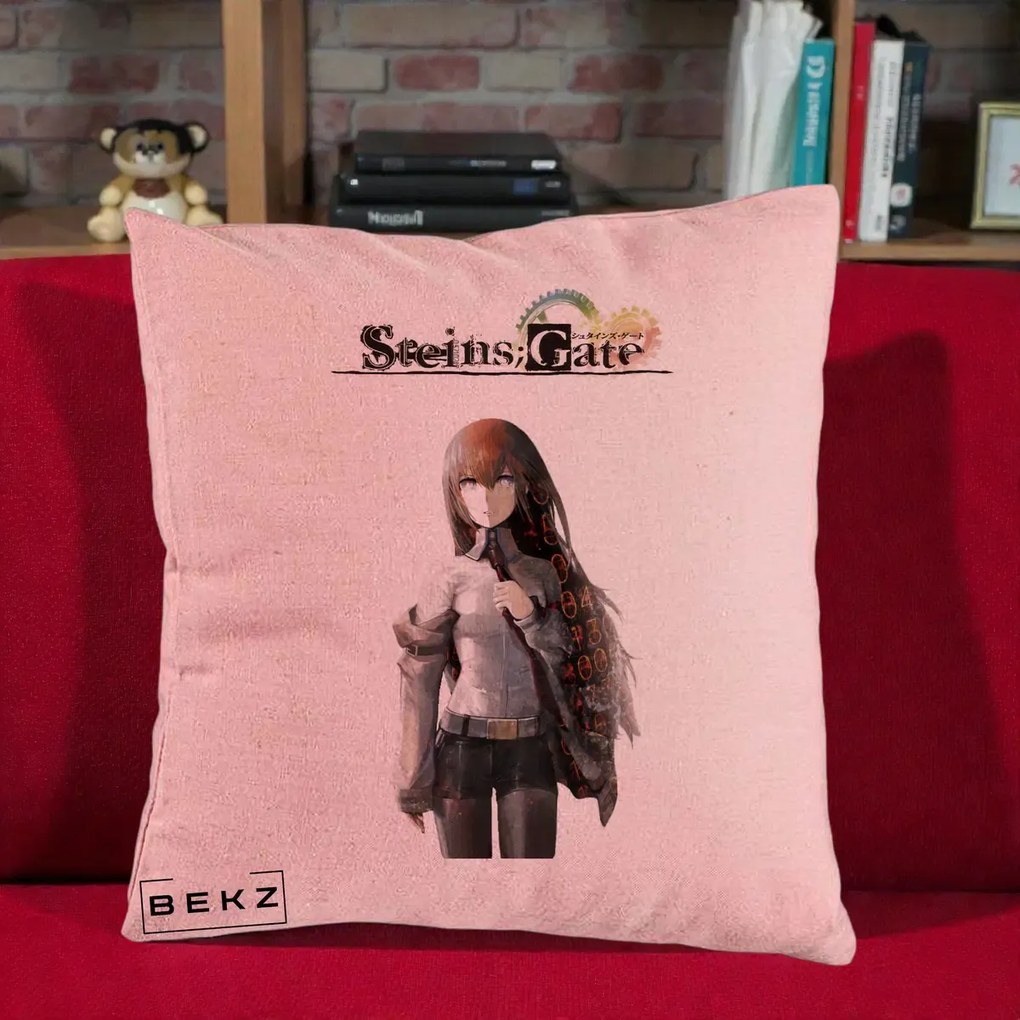 Perna Personalizata Steins Gate Kurisu Makise Anime, 40x40 cm, Roz, Husa Detasabila, Perna Inclusa, BEKZ®