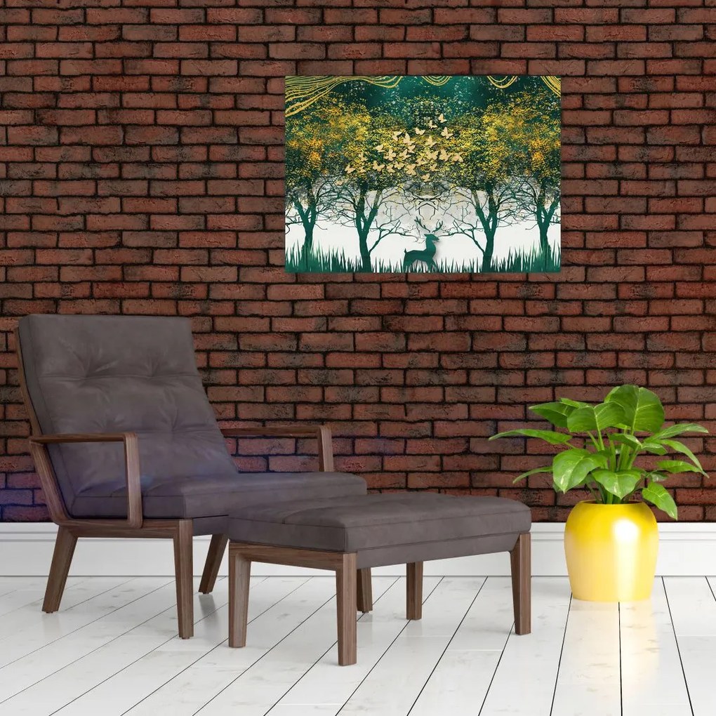 Tablou pe sticlă - Căprioare în pădurea verde (70x50 cm)