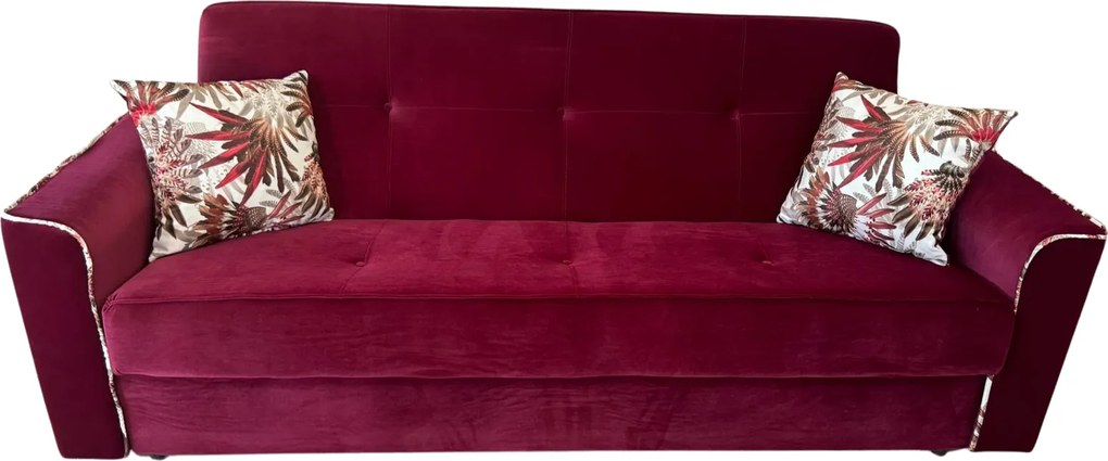 Canapea VERA extensibila, 3 locuri, lada de depozitare, catifea rosu bordo, 225x90x90 Rosu Bordo, Catifea