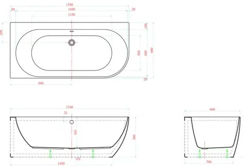 Cada freestanding Kreiner Vera 170x80 cm finisaj alb dreapta lipita de perete BTW